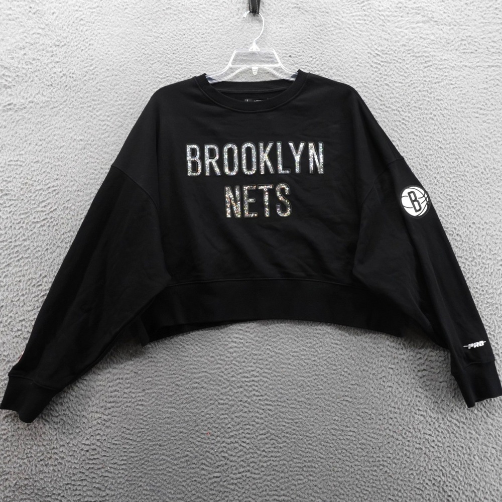 Pro Standard Brooklyn Nets Womens Black Rhinestone Cropped Sweatshirt NBA L NEW